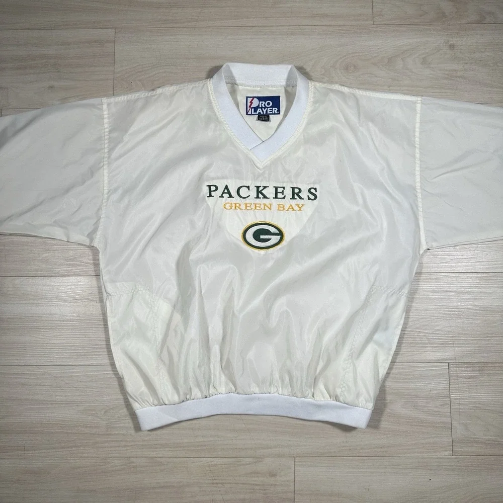 Vintage Green Bay Packers Jacket Men XL Pro Player White Windbreaker Pullover 90